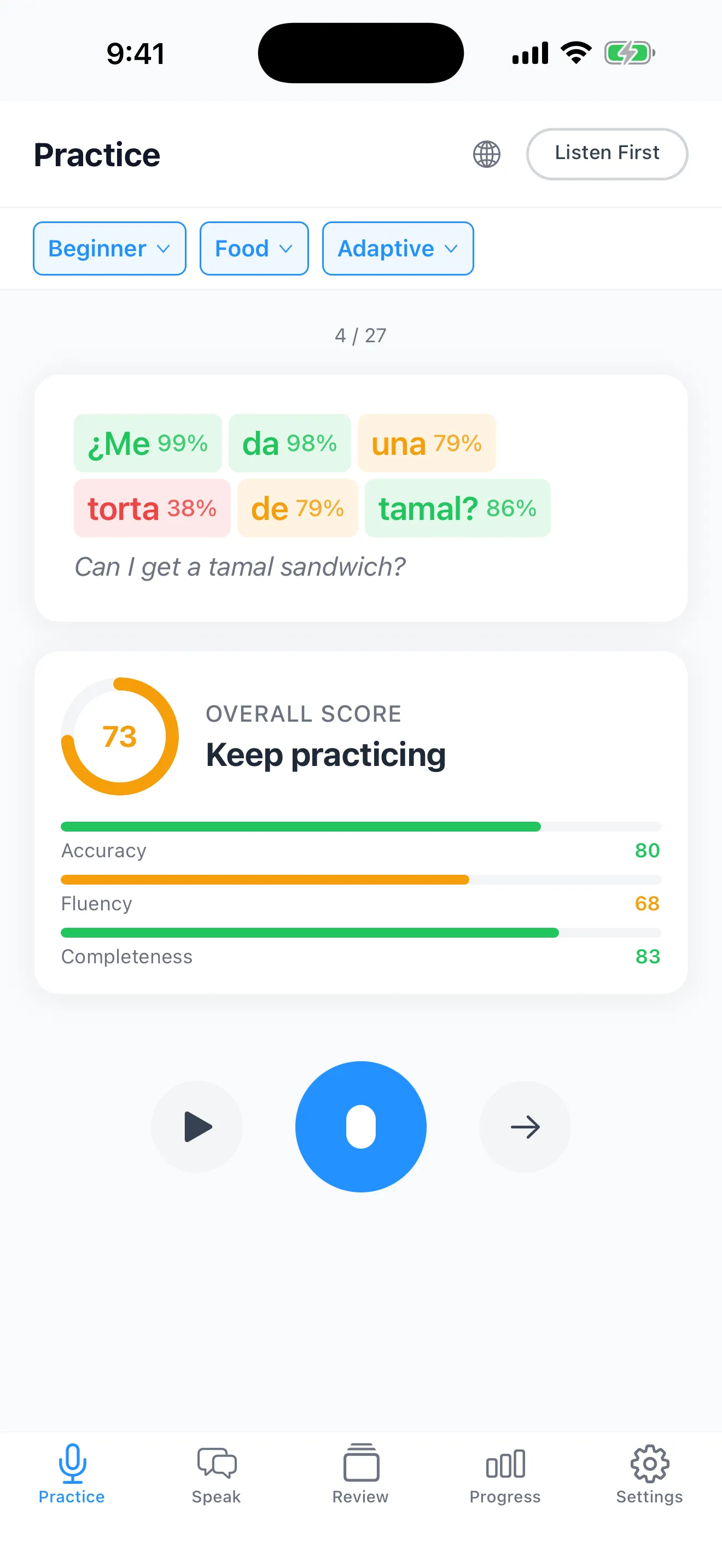 StreetTongue Pronunciation Score screen showing per-word scoring for a CDMX street phrase